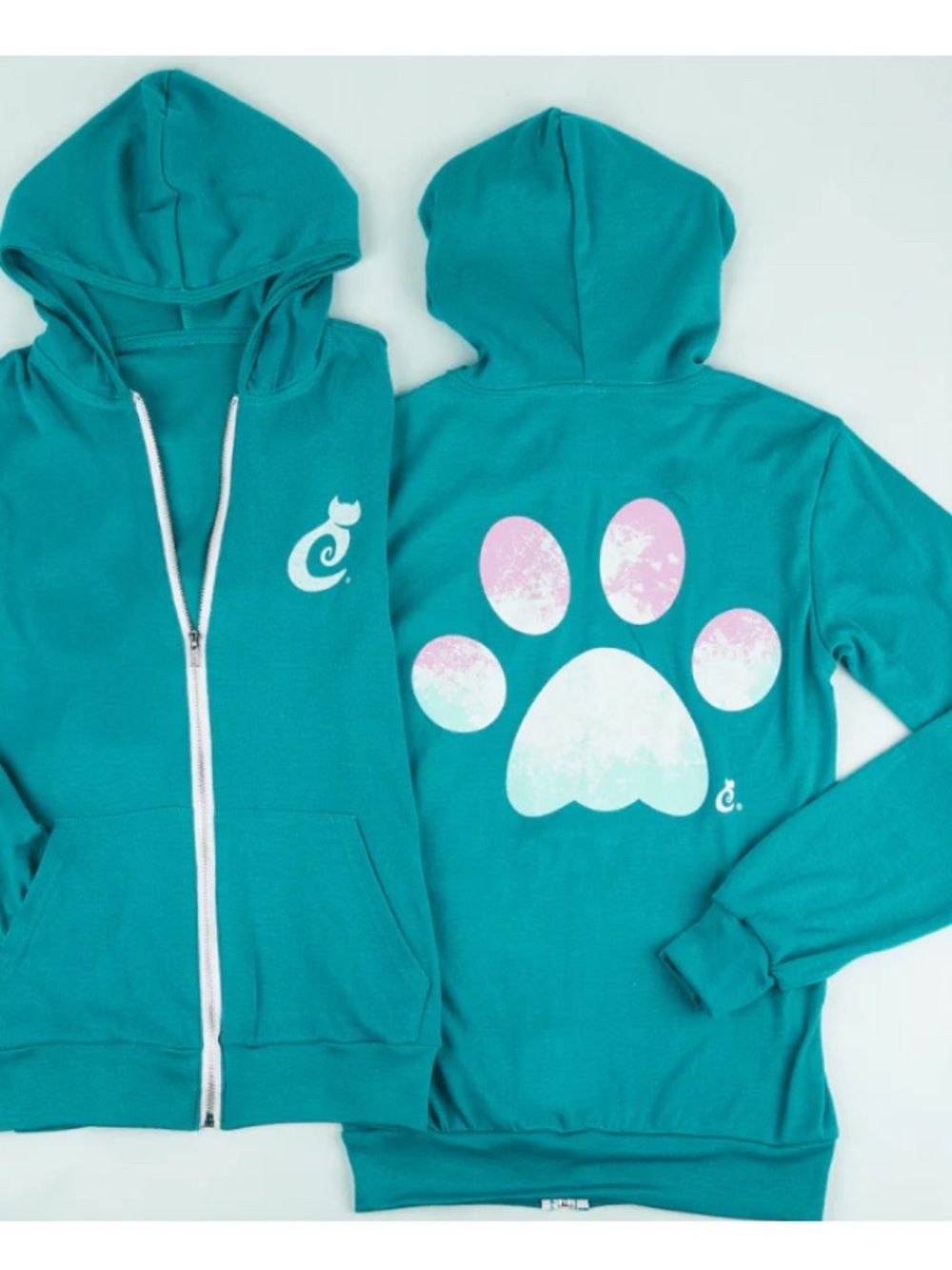 Cat Lady Box Teal Zip Hoodie with Pastel Paw Print Size Large